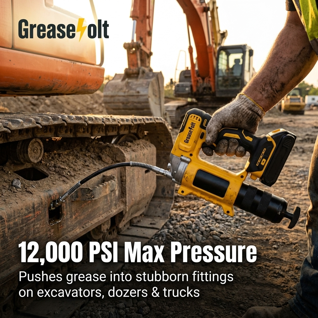 GreaseVolt greasing an excavator track fitting on a jobsite