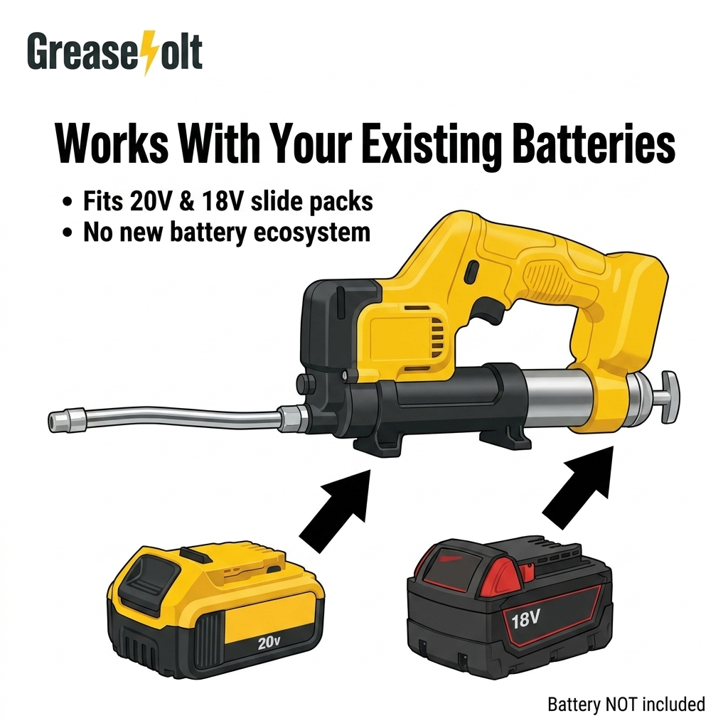 GreaseVolt fits DeWalt 20V and Milwaukee M18 slide-pack batteries; battery not included