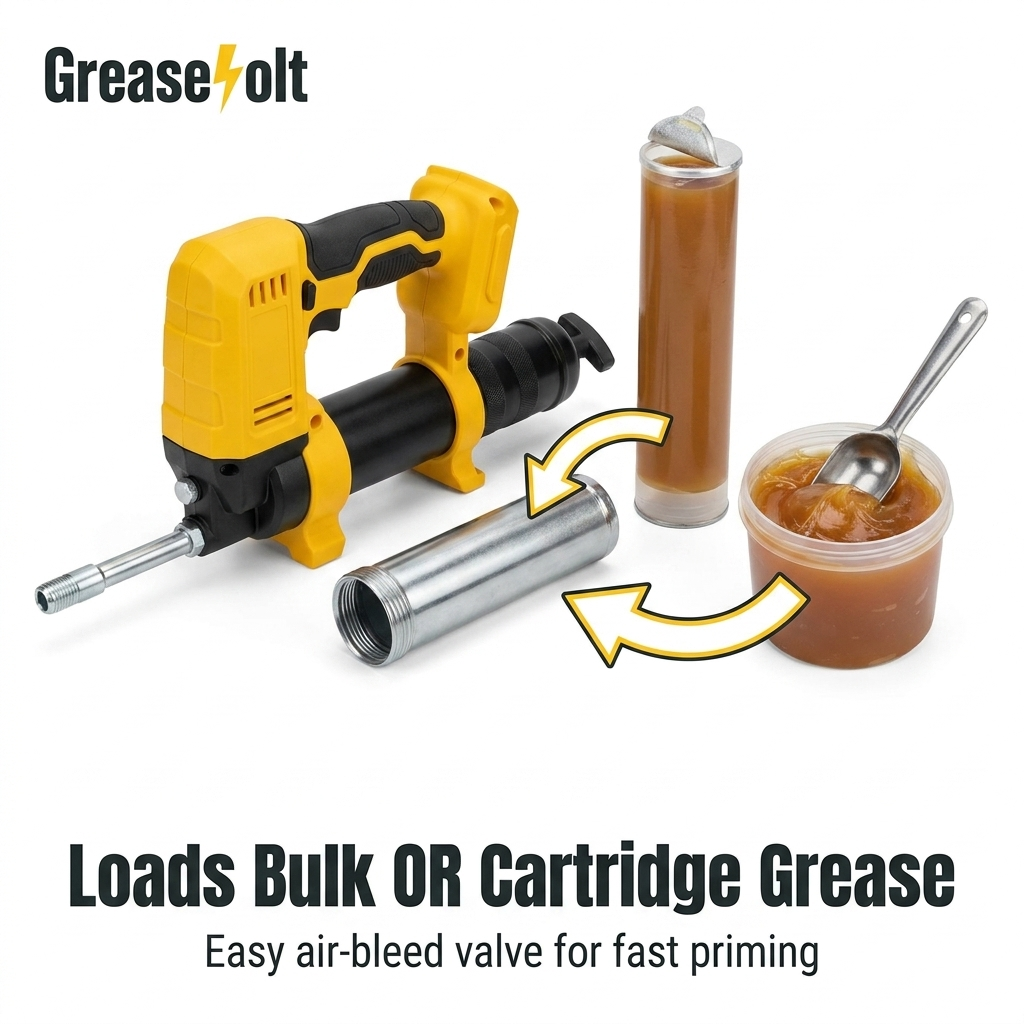 Loads bulk or cartridge grease