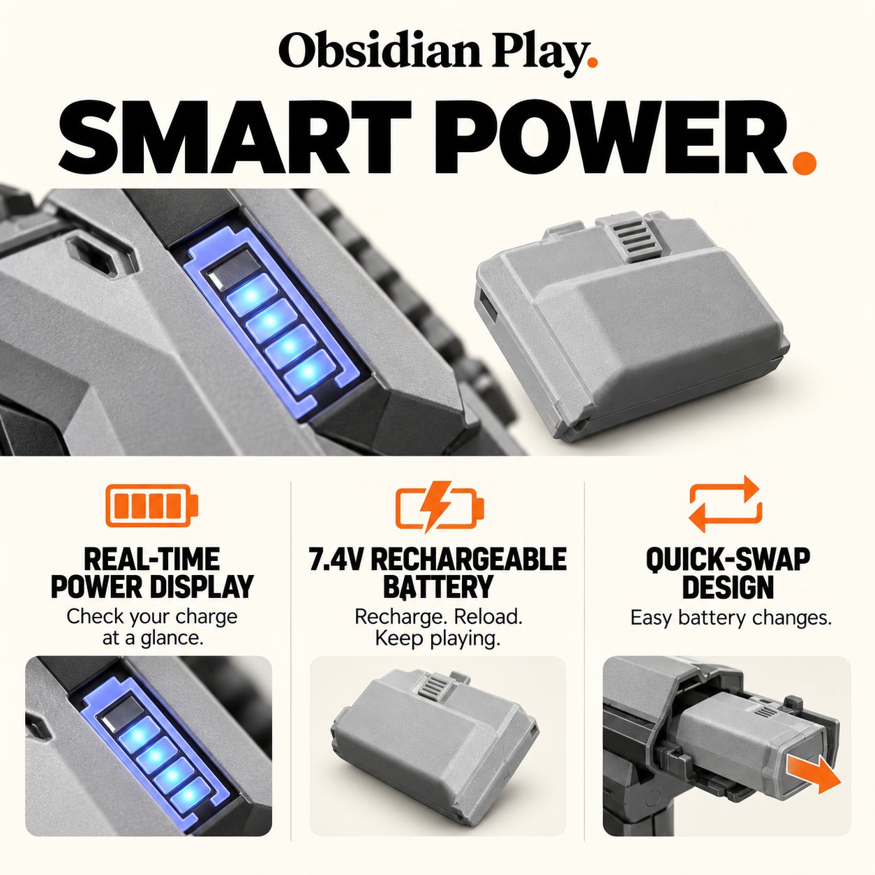7.4V quick-swap rechargeable battery with real-time power display